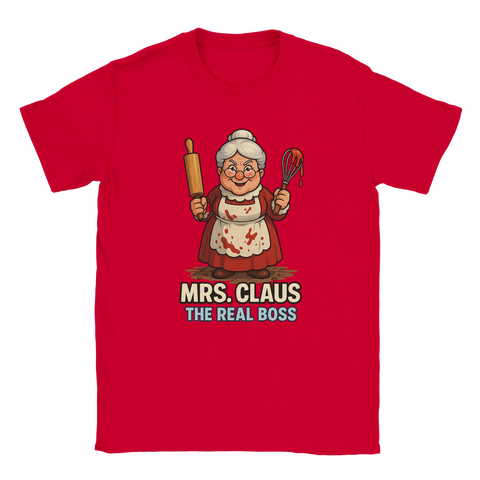 Julmotiv t-shirt – Mrs Claus med kavel och visp i retrostil