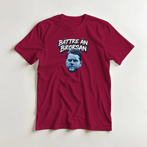 Bättre än brorsan" text med blå-vitt ansikte på vinröd t-shirt.