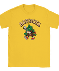 Gul t-shirt med en kaffeserverande julgran och texten ”Barrista”.