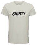 Ljusgrå t-shirt med textbaserad design och tidlös karaktär