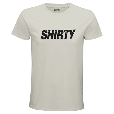 Ljusgrå t-shirt med textbaserad design och tidlös karaktär