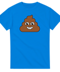 Blå t-shirt med en absurd och glad illustration av en poop emoji