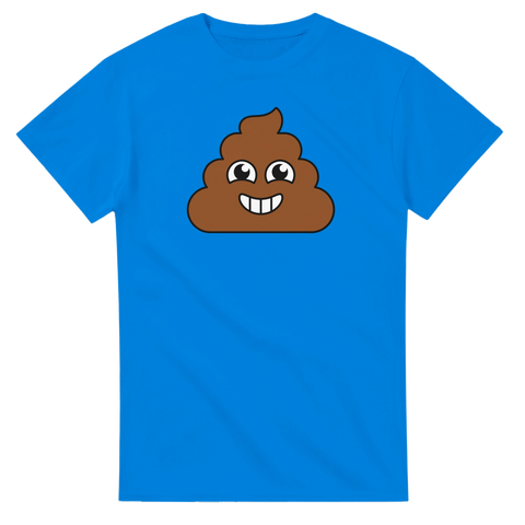 Blå t-shirt med en absurd och glad illustration av en poop emoji