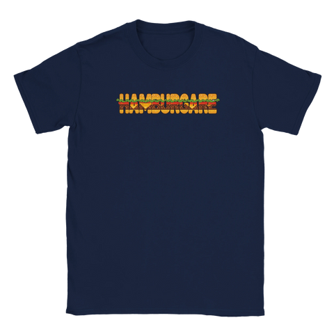Mörkblå t-shirt med detaljrikt motiv av en burgare uppbyggd av bokstäver