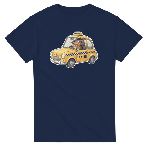 Ordvits med taxibil och hundförare – marinblå t-shirt för hundälskare