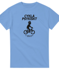 Svart "CYKLA PSYKISKT" text och cyklist med spiral i huvudet på ljusblå t-shirt.