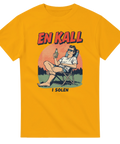 Gul t-shirt med retroillustration av man som dricker öl i solstol