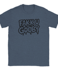 Fakk U Gooby" text med ögon och droppar, svart graffiti-stil på mörkblå t-shirt.