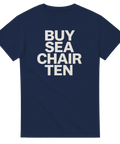 Marinblå t-shirt med texten BUY SEA CHAIR TEN i fyra rader.