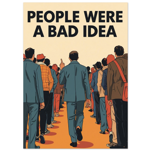 Satirisk illustration av en folkmassa med texten People were a bad idea – poster