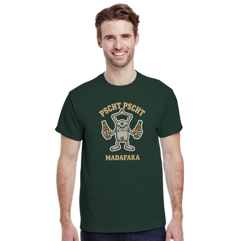 Man bär mörkgrön t-shirt med humoristiskt tryck av en kapsylöppnare