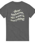 Retrotypografi med texten Dear universe på en mörkgrå melerad t-shirt