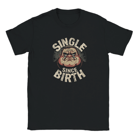 Illustration av en sur man med tårar och texten Single Since Birth