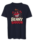 Tecknad arg babian med texten "BENNY BABOON" på mörkblå ekologisk oversized t-shirt.