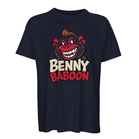 Tecknad arg babian med texten "BENNY BABOON" på mörkblå ekologisk oversized t-shirt.