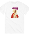 Provokativ t-shirt med religiös illustration och satirisk textdesign