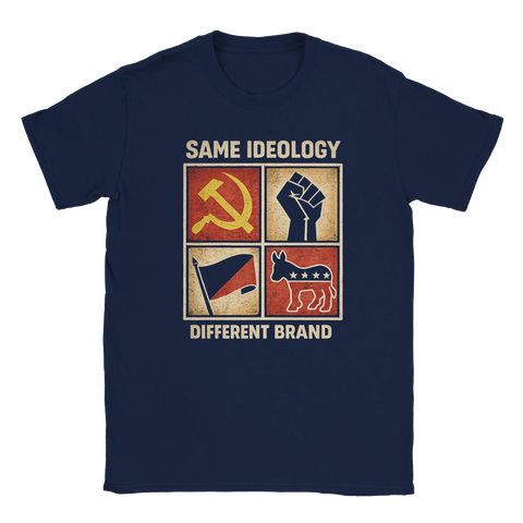 Mörkblå t-shirt med grafiskt motiv som jämför olika politiska rörelser