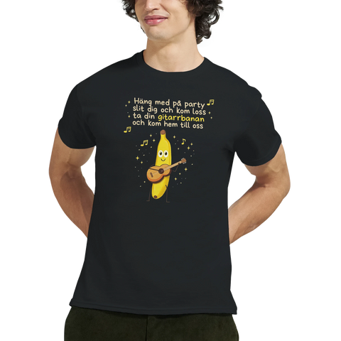 Närbild av Gitarrbanan-tryck på svart t-shirt