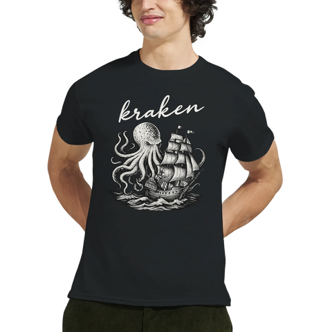 T-shirt med maritim mytologi och Kraken-illustration