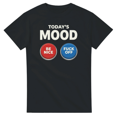 Grafiskt citat-tryck med två knappar och texten Today's Mood på t-shirt