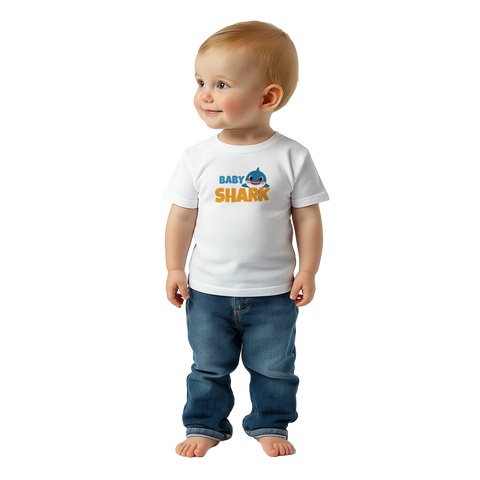 Baby Shark-motiv med text "BABY SHARK" på vit baby-t-shirt.