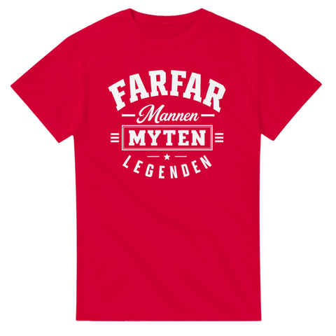 Vit typografi med texten Farfar Mannen Myten Legenden på röd t-shirt