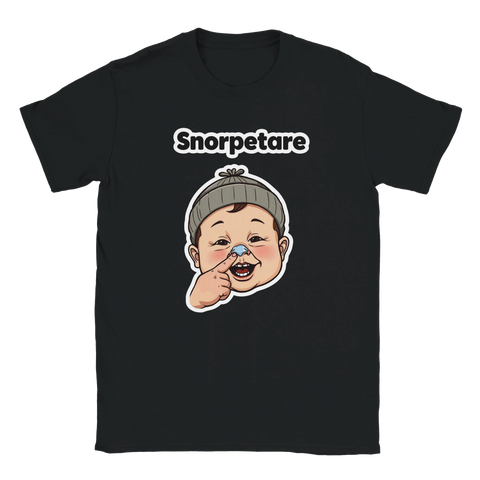 Svart t-shirt med ett ironiskt motiv föreställande en glad snorpetare