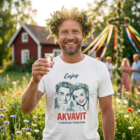 Man med blomsterkrans i sommaridyll bär t-shirt med Akvavit-illustration