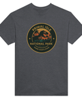 Vintage nationalpark-inspirerat tryck med T-Rex siluett – äventyrlig t-shirt