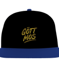 Snapback-keps med blå skärm och broderad text i kaxig stil