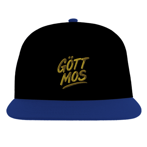 Snapback-keps med blå skärm och broderad text i kaxig stil