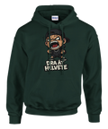 Arg tecknad kille med keps och texten "DRA ÅT HELVETE" på mörkgrön Gildan hoodie.