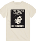Funny dark humor t-shirt featuring an illustration of Jeffrey Dahmer and the quote "I eat people like you for breakfast". A white tee for true crime fans and provocative fashion.
