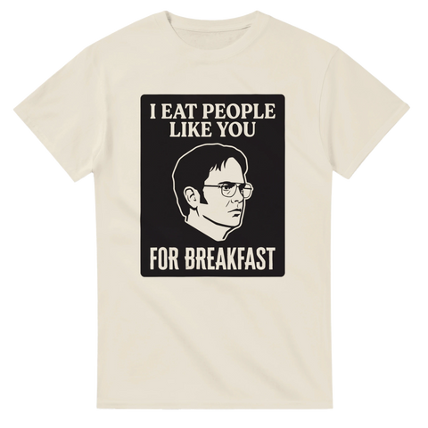Funny dark humor t-shirt featuring an illustration of Jeffrey Dahmer and the quote "I eat people like you for breakfast". A white tee for true crime fans and provocative fashion.