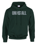 Mörkgrön hoodie med grått minimalistiskt Uninstall-tryck på bröstet