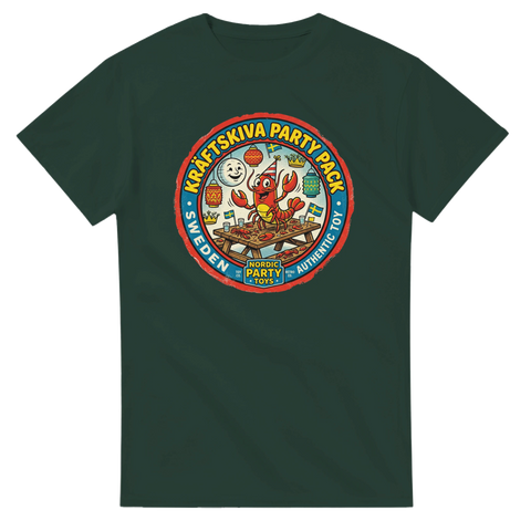 Grafisk illustration av festande kräfta med hatt och lyktor – mörkgrön t-shirt