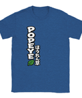 Vertikalt Popeye-tryck med japanska tecken och spenatblad på en blå t-shirt