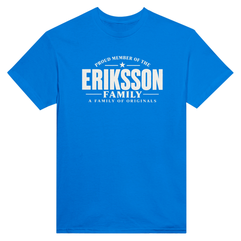 Blå t-shirt med texten Eriksson – A Family of Originals