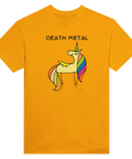 Satirisk "Death Metal" text och tecknad enhörning med regnbågsman på gul t-shirt.