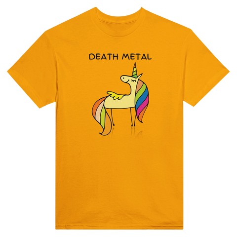 Satirisk "Death Metal" text och tecknad enhörning med regnbågsman på gul t-shirt.