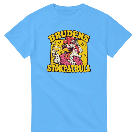 T-shirt till möhippa med texten Brudens stökpatrull och en höna med hjärtformade solglasögon, slöja och rosa boa