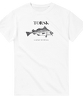 Svartvit illustration av en torsk på vit t-shirt – marin design