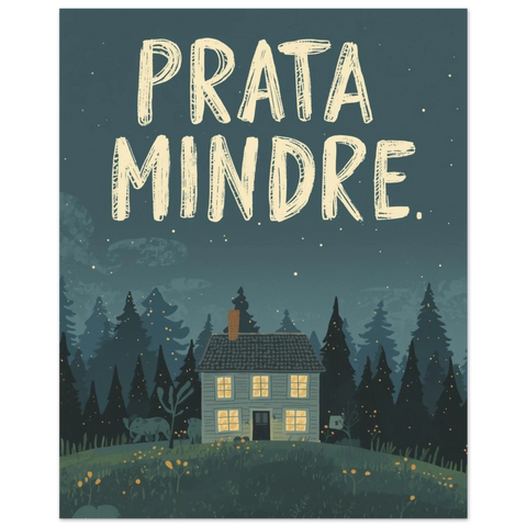 Närbild på grafisk poster med budskapet Prata mindre och en stuga i natten