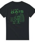Svart t-shirt med ett grönt statement-tryck och humoristisk illustration