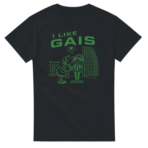 Svart t-shirt med ett grönt statement-tryck och humoristisk illustration