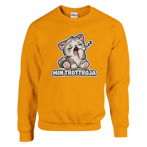Roligt tryck av sovande katt på en orange sweatshirt med attityd