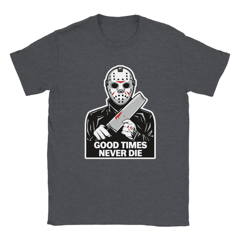 Gråmelerad t-shirt med provokativt motiv och texten Good Times Never Die