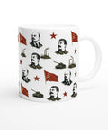 Detaljerat motiv av Lenin, Stalin och sovjetisk industri på vit porslinsmugg