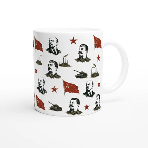 Detaljerat motiv av Lenin, Stalin och sovjetisk industri på vit porslinsmugg