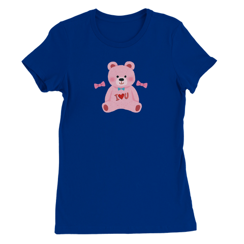 Rosa teddybjörn med blå fluga och "I ♥ U" på marinblå dam-t-shirt.